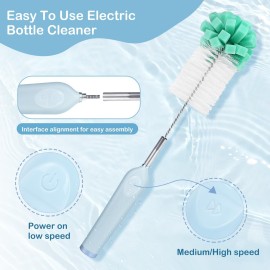 ESFC Electric Bottle Brush Cleaner With Holder, Rechargeable Automatic Water Bottle Cleaner With Stainless Steel Extension Handle, Extra Long Water Bottle Brush,Nipple Brush, Straw Cleaner Brush,Green