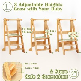 FUNLIO Foldable Montessori Child Standing Tower for Learning, 3 Adjustable Heights Step Stool - Natural