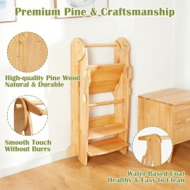 FUNLIO Foldable Montessori Child Standing Tower for Learning, 3 Adjustable Heights Step Stool - Natural