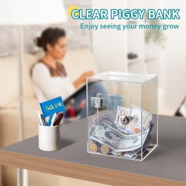Kozsort Clear Piggy Bank for Adults Kids, Large Acrylic Money Saving Box with Key, Openable Savings Jar for Cash