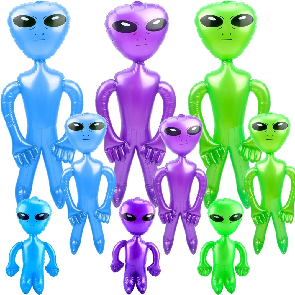 9 Pcs 67 inch 35 Inch 18 Inch Jumbo Inflate Alien Giant Blow Up Green Blue Purple Alien Toy for Halloween Alien Theme Party Suppies, 3 Size (Color set 2)