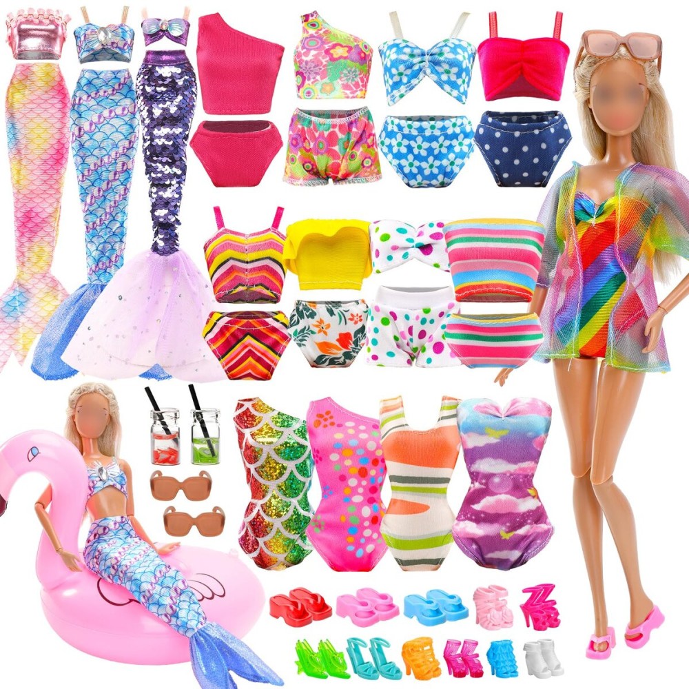 20 PCS Doll Clothes Swimwear Beach Bathing Set Including 5 Bikini Swimsuit, Coat, Mermaid Dress, 5 Shoes, 3 Slippers, Swimming Ring Float, Drinks and Sunglasses Accessories for 11.5 inch Girl Doll