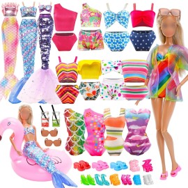 20 PCS Doll Clothes Swimwear Beach Bathing Set Including 5 Bikini Swimsuit, Coat, Mermaid Dress, 5 Shoes, 3 Slippers, Swimming Ring Float, Drinks and Sunglasses Accessories for 11.5 inch Girl Doll