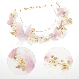 Vividsun Butterfly Headbands Flower Girl Hair Accessory with Pearls Butterfly Tiara for Christmas Birthday Cosplay Headpiece (Pink and gold)