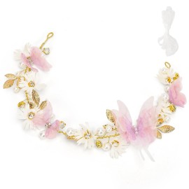 Vividsun Butterfly Headbands Flower Girl Hair Accessory with Pearls Butterfly Tiara for Christmas Birthday Cosplay Headpiece (Pink and gold)