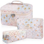 Makeup Bag Set, Quilted Makeup Bag, Large Floral Cosmetic Bag for Women, Cute Cotton Makeup Bags, Flower Travel Toiletry Organizer Bag (Folk Style)