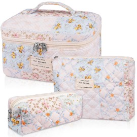 Makeup Bag Set, Quilted Makeup Bag, Large Floral Cosmetic Bag for Women, Cute Cotton Makeup Bags, Flower Travel Toiletry Organizer Bag (Folk Style)