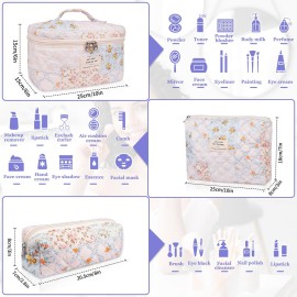 Makeup Bag Set, Quilted Makeup Bag, Large Floral Cosmetic Bag for Women, Cute Cotton Makeup Bags, Flower Travel Toiletry Organizer Bag (Folk Style)