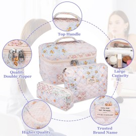 Makeup Bag Set, Quilted Makeup Bag, Large Floral Cosmetic Bag for Women, Cute Cotton Makeup Bags, Flower Travel Toiletry Organizer Bag (Folk Style)