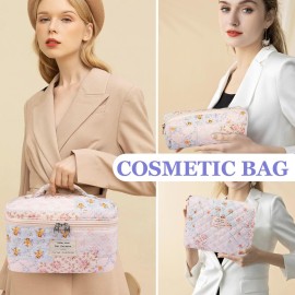 Makeup Bag Set, Quilted Makeup Bag, Large Floral Cosmetic Bag for Women, Cute Cotton Makeup Bags, Flower Travel Toiletry Organizer Bag (Folk Style)