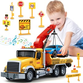 SpringFlower 15 Large Tow Truck Toy, Toy for 3 4 5 6 Years Old Boy Toddlers, Truck Vehicle Toy with Racing Car, Traffic Signs, Working Hook, Light Sound, Birthday Gifts for Boys & Girls