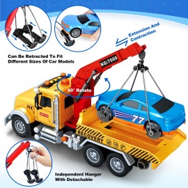 SpringFlower 15 Large Tow Truck Toy, Toy for 3 4 5 6 Years Old Boy Toddlers, Truck Vehicle Toy with Racing Car, Traffic Signs, Working Hook, Light Sound, Birthday Gifts for Boys & Girls
