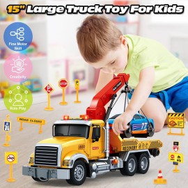 SpringFlower 15 Large Tow Truck Toy, Toy for 3 4 5 6 Years Old Boy Toddlers, Truck Vehicle Toy with Racing Car, Traffic Signs, Working Hook, Light Sound, Birthday Gifts for Boys & Girls
