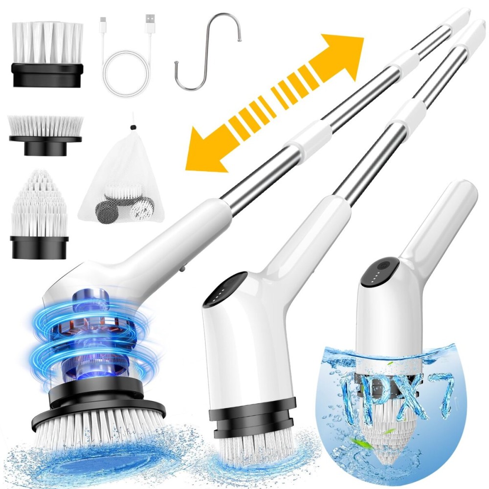 Electric Spin Scrubber for Cleaning Bathroom, Shower Scrubber Cordless Cleaning Brush with IPX7 Waterproof & 2 Speed,Cleaning Brush Cleaning Supplies for Shower Tub Kitchen Tile Toilet Silver