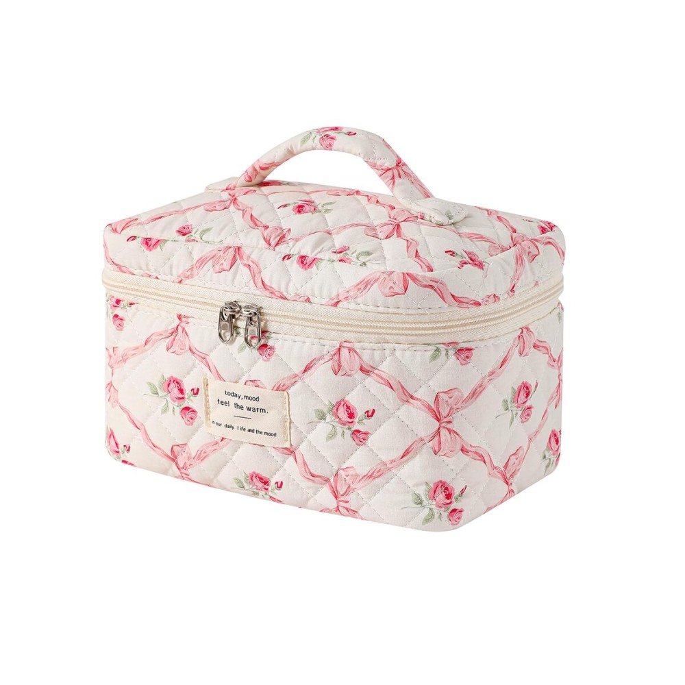 RSRSLEII Large Quilted Makeup Bag for Women and Girls, Cute Coquette Floral Cotton Cosmetic Bag, Aesthetic Travel Organized Toiletry Bags (01Pink Bows)