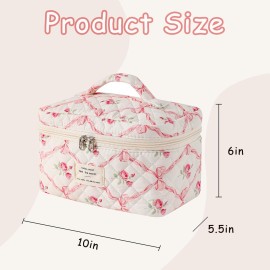 RSRSLEII Large Quilted Makeup Bag for Women and Girls, Cute Coquette Floral Cotton Cosmetic Bag, Aesthetic Travel Organized Toiletry Bags (01Pink Bows)
