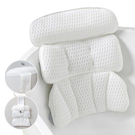 Bath Pillow Bathtub Pillow for Tub Luxury Bath Tub Pillows for Tub Neck and Back Support with 4D Air Mesh Fabric and 8 Strong Powerfull Non-Slip Suction Cups Relaxing Bath Accessories Spa Gifts, White
