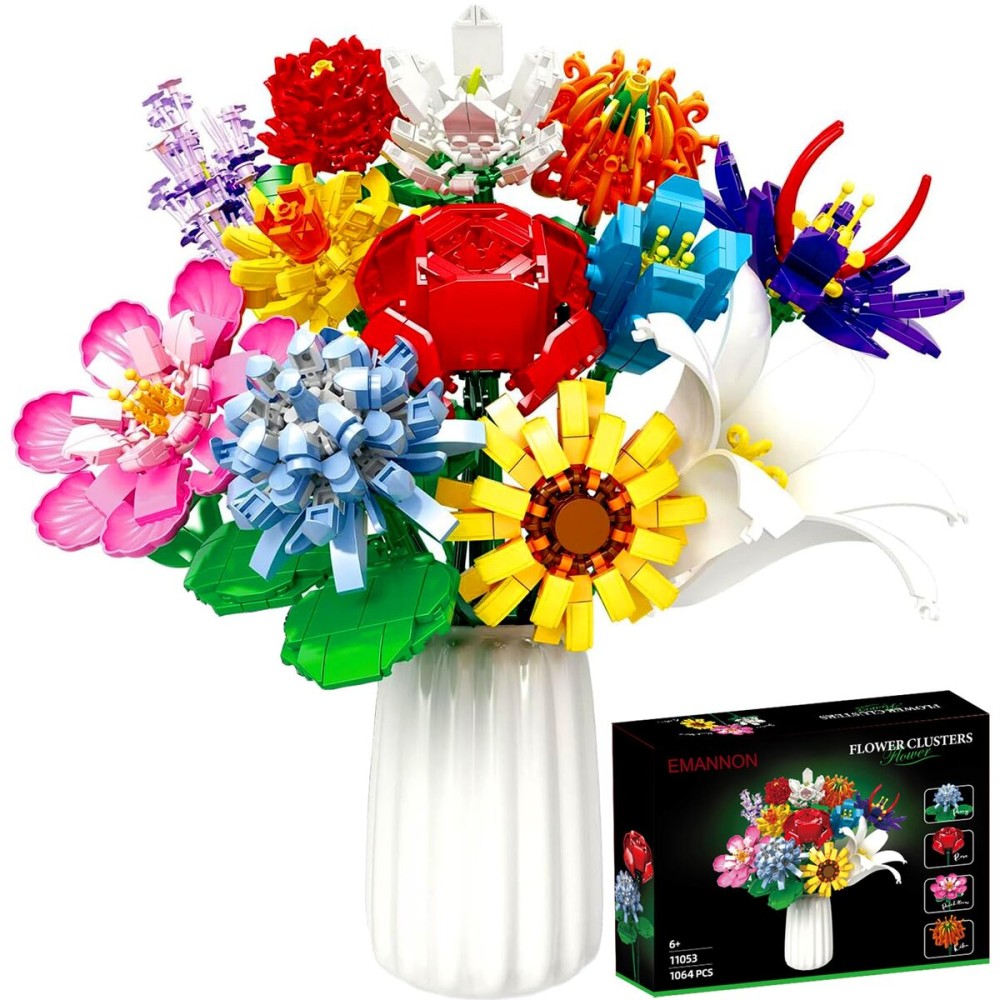 EMANNON Flowers Bouquet Building Set, 12 Artificial Flowers 1064 PCS Bricks Blocks Toy for Adults & Kids, Botanical Collection Gift for Mother\'s Day, Valentine, Birthday, Christmas (No Vase)