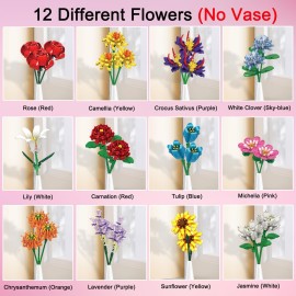 EMANNON Flowers Bouquet Building Set, 12 Artificial Flowers 1064 PCS Bricks Blocks Toy for Adults & Kids, Botanical Collection Gift for Mother\'s Day, Valentine, Birthday, Christmas (No Vase)