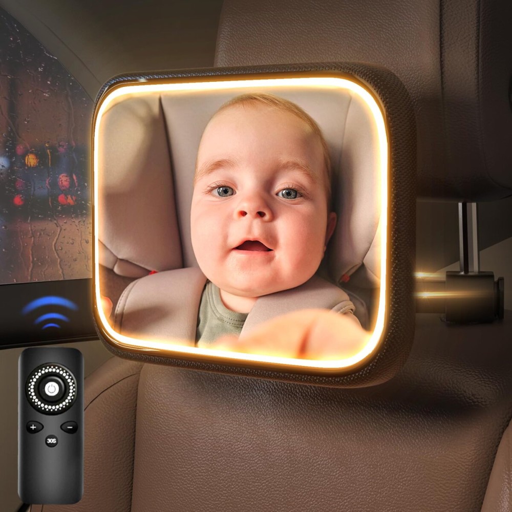 Semxnly Baby Car Mirror with Light - Rechargeable Baby Mirror for Car with Remote Control, Clear Vision, 360 Rotation Rear Facing Car Seat Mirror, Shock and Shatter Resistant