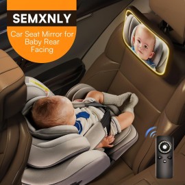 Semxnly Baby Car Mirror with Light - Rechargeable Baby Mirror for Car with Remote Control, Clear Vision, 360 Rotation Rear Facing Car Seat Mirror, Shock and Shatter Resistant