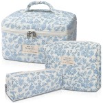 Makeup Bag, Large Quilted Cosmetic Bag, Big Floral Make Up Bag for Women Girls, Cute Cotton Makeup Bag Set, Flower Travel Toiletry Organizer Bag