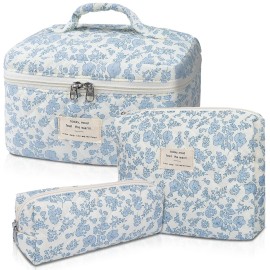Makeup Bag, Large Quilted Cosmetic Bag, Big Floral Make Up Bag for Women Girls, Cute Cotton Makeup Bag Set, Flower Travel Toiletry Organizer Bag