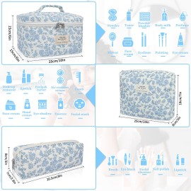 Makeup Bag, Large Quilted Cosmetic Bag, Big Floral Make Up Bag for Women Girls, Cute Cotton Makeup Bag Set, Flower Travel Toiletry Organizer Bag