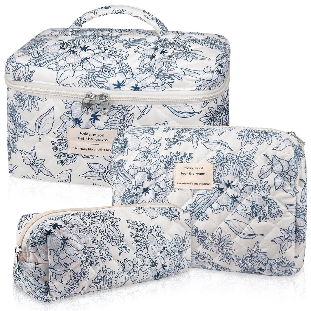 Gosect Makeup Bag Set, Quilted Floral Cosmetic Bags for Women, Cute Cotton Makeup Organizer, Travel Toiletry Bag Set (Navy Blue)