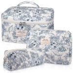 Gosect Makeup Bag Set, Quilted Floral Cosmetic Bags for Women, Cute Cotton Makeup Organizer, Travel Toiletry Bag Set (Navy Blue)