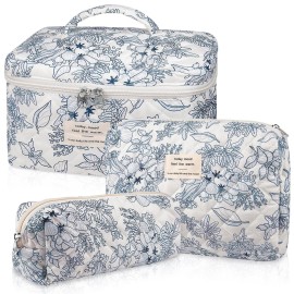 Gosect Makeup Bag Set, Quilted Floral Cosmetic Bags for Women, Cute Cotton Makeup Organizer, Travel Toiletry Bag Set (Navy Blue)
