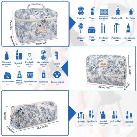 Gosect Makeup Bag Set, Quilted Floral Cosmetic Bags for Women, Cute Cotton Makeup Organizer, Travel Toiletry Bag Set (Navy Blue)