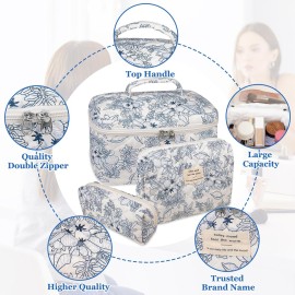 Gosect Makeup Bag Set, Quilted Floral Cosmetic Bags for Women, Cute Cotton Makeup Organizer, Travel Toiletry Bag Set (Navy Blue)