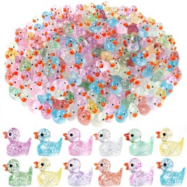 DULEFUN 100pcs Mini Glitter Ducks Colorful Tiny Small Little Resin Ducks to Hide Plastic Animal Figures for for Dollhouse Micro Dollhouse Landscape Aquarium Decorations