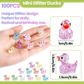 DULEFUN 100pcs Mini Glitter Ducks Colorful Tiny Small Little Resin Ducks to Hide Plastic Animal Figures for for Dollhouse Micro Dollhouse Landscape Aquarium Decorations
