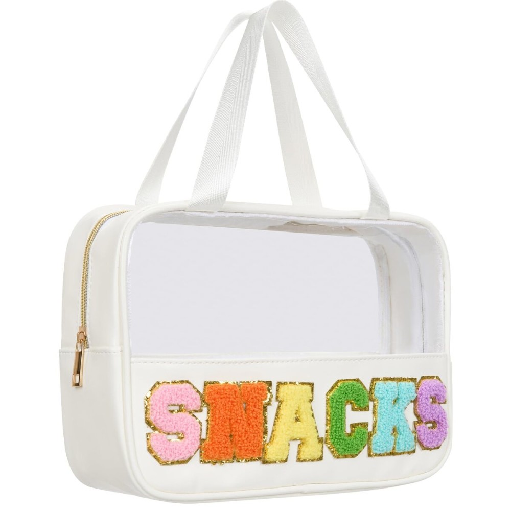 Burskit Snacks Bag Clear Chenille Varsity Letter Zipper Pouch Travel Makeup Bag Aesthetic Storage Organizer Pouches for Women with Glitter Patch Letters