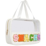 Burskit Snacks Bag Clear Chenille Varsity Letter Zipper Pouch Travel Makeup Bag Aesthetic Storage Organizer Pouches for Women with Glitter Patch Letters