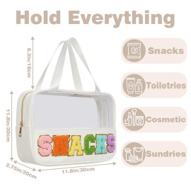 Burskit Snacks Bag Clear Chenille Varsity Letter Zipper Pouch Travel Makeup Bag Aesthetic Storage Organizer Pouches for Women with Glitter Patch Letters