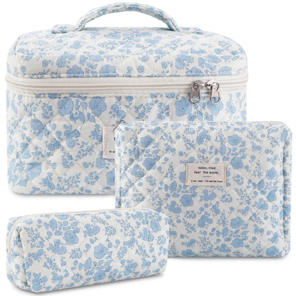 Justnard Makeup Bag, 3 Pcs Cotton Floral Quilted Makeup Bag Set, Large Toiletry Travel Cosmetic Bag for Women