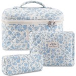 Justnard Makeup Bag, 3 Pcs Cotton Floral Quilted Makeup Bag Set, Large Toiletry Travel Cosmetic Bag for Women