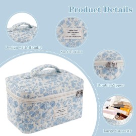 Justnard Makeup Bag, 3 Pcs Cotton Floral Quilted Makeup Bag Set, Large Toiletry Travel Cosmetic Bag for Women