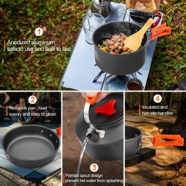 THTYBROS 17pcs Camping Cookware Kit, 0.45Gal Pot, 7inches Pan,0.30Gal Kettle Set with 2 Set Stainless Steel Cups Plates Forks Knives Spoons for Hiking,Camping,Backpacking,Outdoor Cooking and Picnic
