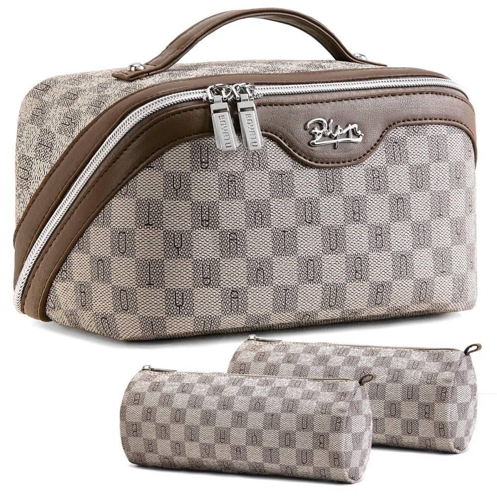 BOYATU Travel Makeup Bag Cosmetic Bags for Women: Large Make up Bags Set of 3 - Portable Makeup Organizer with Compartments&Handle&Divider - Waterproof PU Leather Toiletry Bag(02-Light Brown)