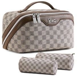 BOYATU Travel Makeup Bag Cosmetic Bags for Women: Large Make up Bags Set of 3 - Portable Makeup Organizer with Compartments&Handle&Divider - Waterproof PU Leather Toiletry Bag(02-Light Brown)