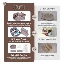 BOYATU Travel Makeup Bag Cosmetic Bags for Women: Large Make up Bags Set of 3 - Portable Makeup Organizer with Compartments&Handle&Divider - Waterproof PU Leather Toiletry Bag(02-Light Brown)