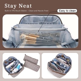 BOYATU Travel Makeup Bag Cosmetic Bags for Women: Large Make up Bags Set of 3 - Portable Makeup Organizer with Compartments&Handle&Divider - Waterproof PU Leather Toiletry Bag(02-Light Brown)