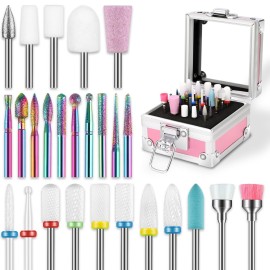 26PCS Nail Drill Bits Set with Holder Case, 3/32 inch Ceramic Safety Bits for Nail Drill, Diamond Cuticle Efile Nail Drill Bits, Remover Bits for Acrylic Gel Nail Tech Manicure Pedicure, Home Salon