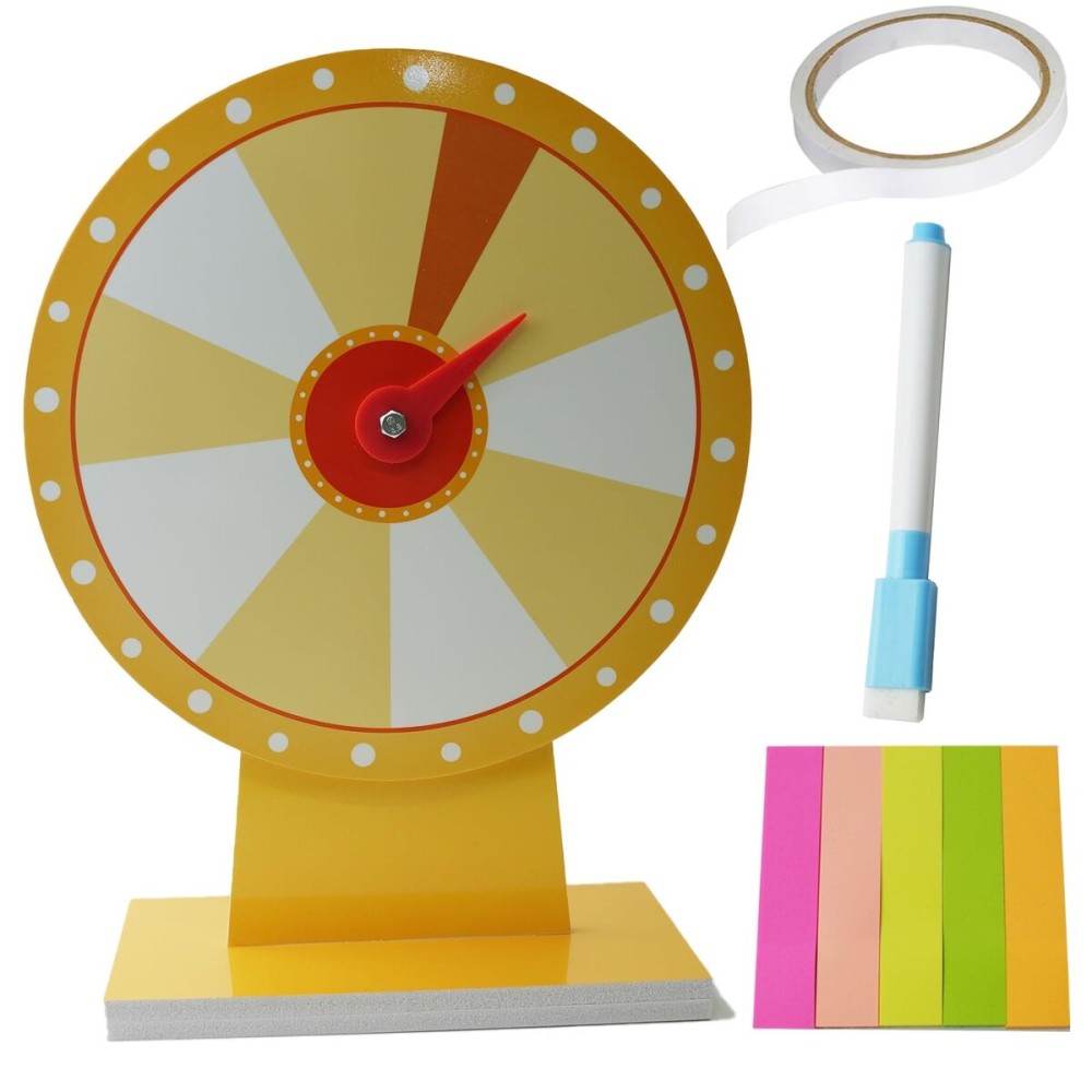 Tsnwinme 12-Inch Yellow Prize Wheel with 10 Colorful Slots for Engaging Carnival Games & Trade Shows - Dry Erase Marker & Eraser, Stickers, Double-Sided Tape Included - Easy Assembly