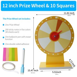 Tsnwinme 12-Inch Yellow Prize Wheel with 10 Colorful Slots for Engaging Carnival Games & Trade Shows - Dry Erase Marker & Eraser, Stickers, Double-Sided Tape Included - Easy Assembly