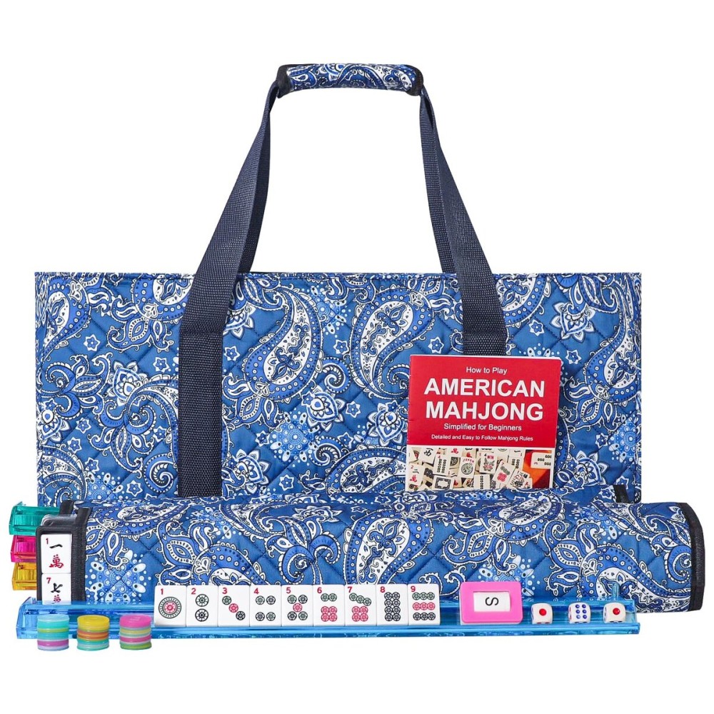 GUSTARIA American Mahjong Game Set, 166 Quality White Tiles, 4 All-in-One Color Rack/Pushers, Mahjong Tile Set with Blue Printed Carrying Bag GUSTARIA American Mahjong Game Set, 166 Quality White Tiles, 4 All-in-One Color Rack/Pushers, Mahjong Tile Set with Blue Printed Carrying Bag